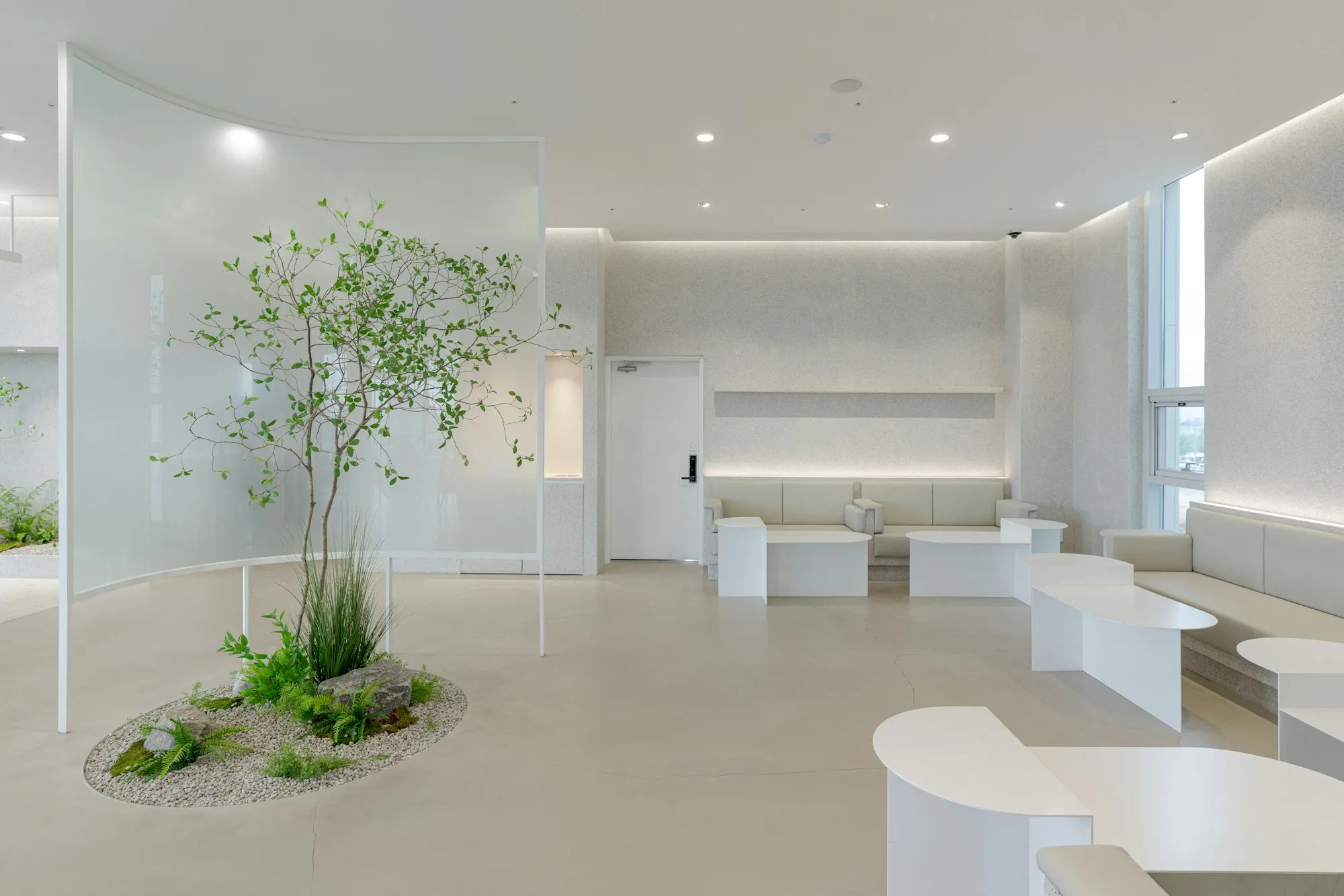 Heller, architektonischer Raum mit Baum und weißen Sitzmöbeln